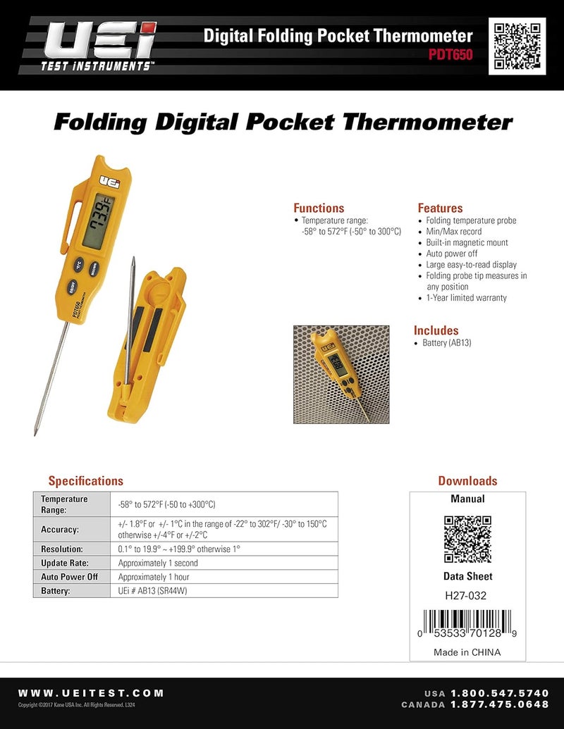 UEi Test Instruments مقياس حرارة رقمي محمول قابل للطي PDT650، أصفر - Image 4